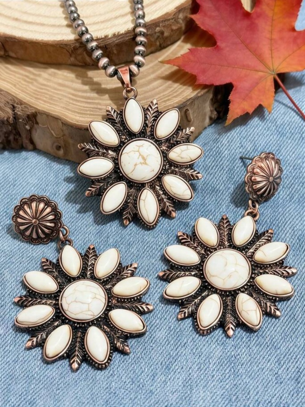 Boho Copper Floral Drop Earrings with Cream Stone Accents